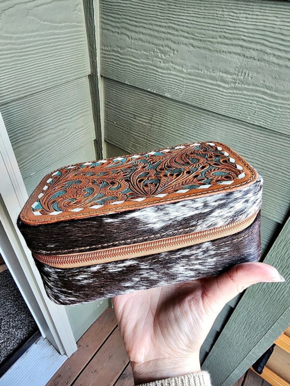 NWOT Genuine Leather And Cowhide Tooled Jewelry Box
